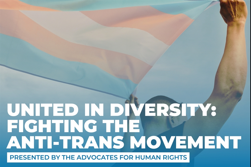 [ai] A person holding a transgender pride flag against a blue sky, with a text overlay that reads, 'United in Diversity: Fighting the Anti-Trans Movement Presented by The Advocates for Human Rights.'
